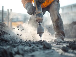 Ein Bauarbeiter bohrt mit einem Bohrhammer in Beton. Mit Abbrucharbeiten und Werkzeuggebrauch.
